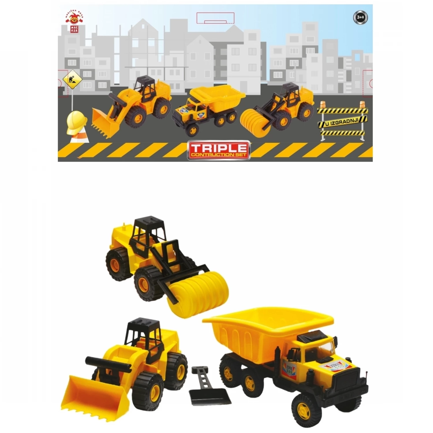 Buldozer, valjak i kamion Triple Construction u kutiji 35x70x19cm Guclu SR4560